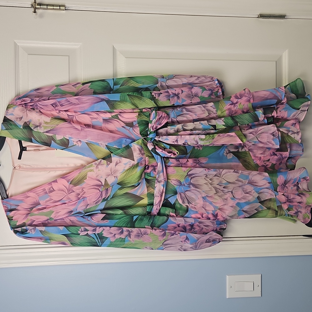 Alex Marie Sheer Long Sleeve Faux Wrap V-neck Ruffled Dress: Wisteria: Size- 16